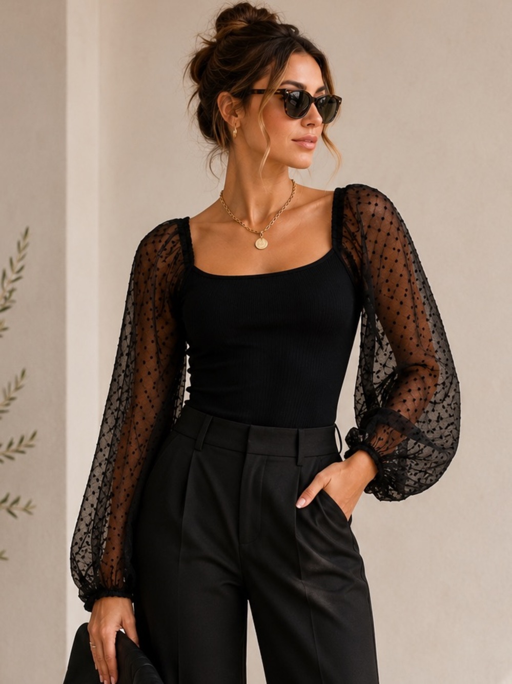 Attard State Black Ribbed Bodysuit Sheer Swiss Dot Puff Sleeves Size S
